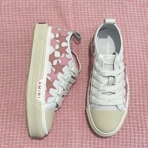 AMIRI White Leather Low-Top Sneakers with Pink Star Overlays